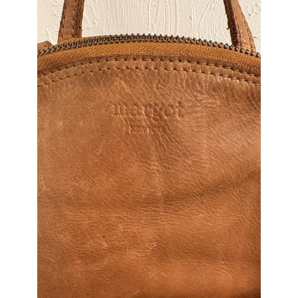 Margot New York Tan Leather Backpack Purse Chevron-Striped Front Pocket